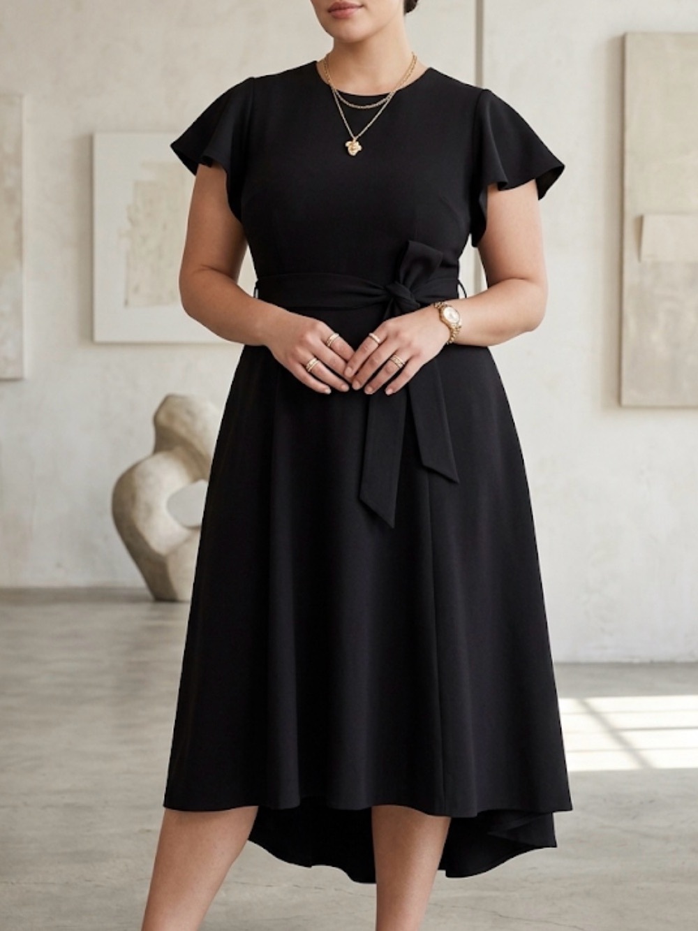 Lane Bryant Black High-Low Midi Dress Plus Size 20 Short Sleeve Tie Waist 584877